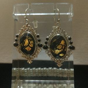 NEW - Onyx, Quartz and Gold Leaf Sterling Earrings